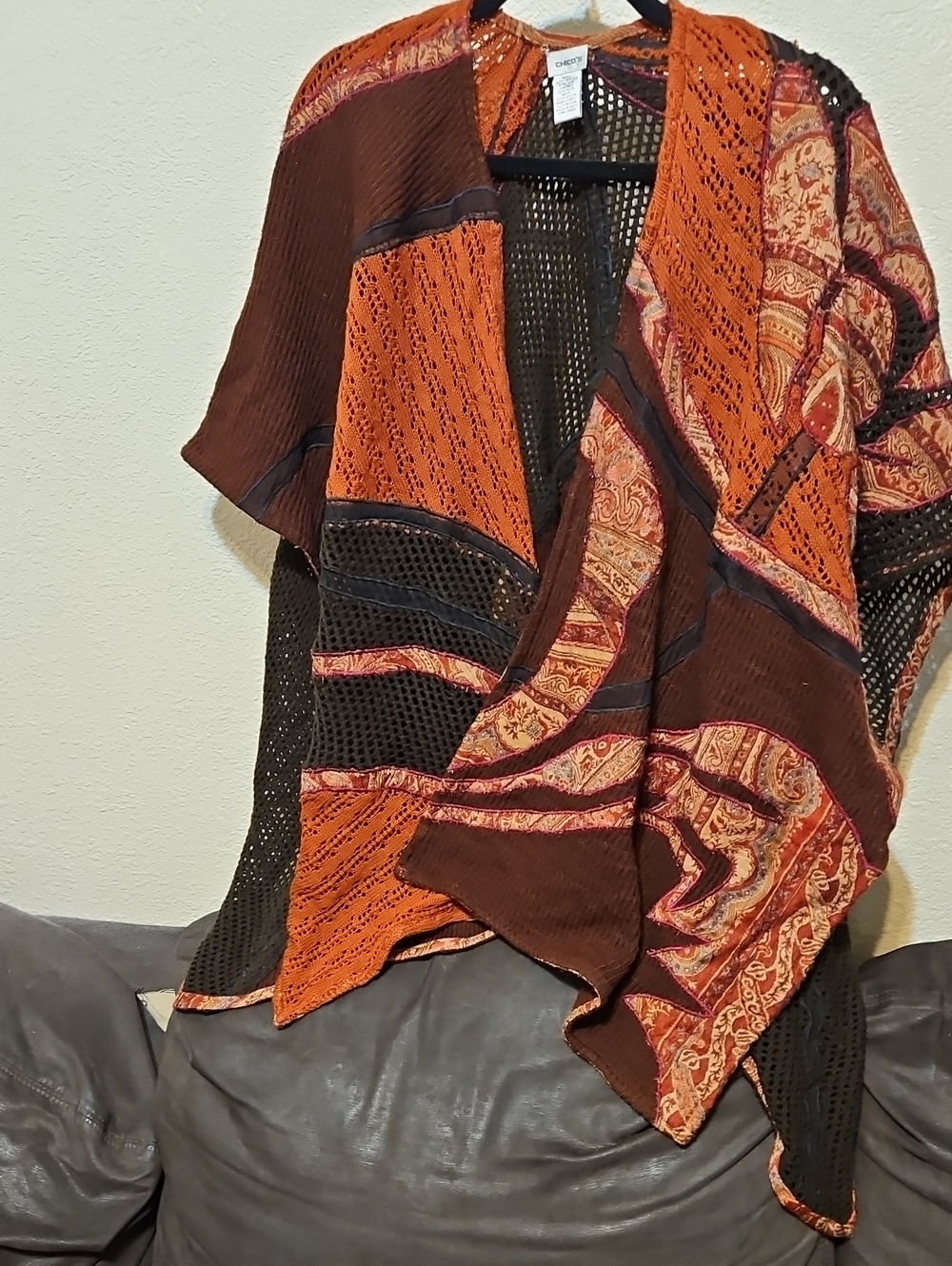Chico's Mixed Patchwork Open-Front Cape in Rust & Brown